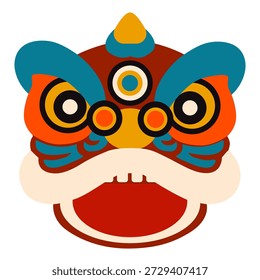 Ilustración vectorial plana de la cabeza de la danza del león chino con el diseño tradicional colorido, aislado en el fondo blanco. Símbolo del Año Nuevo chino, Año Nuevo lunar y celebraciones culturales asiáticas.