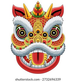 Ilustración vectorial de cabeza de danza de león chino aislado sobre fondo blanco. Diseño tradicional de la cabeza del barongsai que simboliza la cultura china, la celebración y el Año Nuevo Lunar.