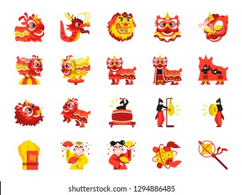 Chinese lion dance line icon set. Included the icons as performances, musician, lion dance, dragon dance, celebration and more.