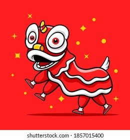 Chinese lion dance performance cartoon illustration. suitable for chinese new year theme.
