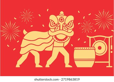 Actuación de danza del león chino con tambor y fuegos artificiales sobre fondo rojo Ilustración vectorial