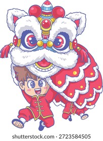 Chinese Lion Dance Performance with Performer Illustration
