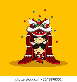 Chinese lion dance vector cute character