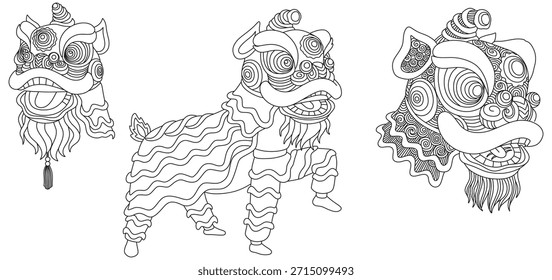 Conjunto de ilustração de vetor de dança de leão chinês, Elementos de página de coloração de ano novo lunar tradicional