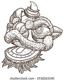 Chinese lion head costume in Southern style in hand drawn style, isolated over white background.