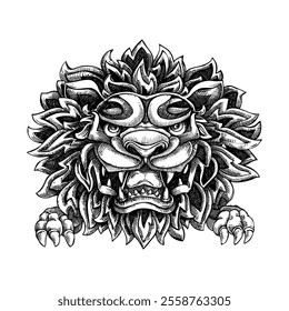 Chinese lion head sketch. Hand-drawn vector illustration. Traditional China mythical animal drawing. NOT AI generated