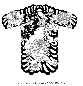 Chinese lion with humming bird and sakura flower tattoo.peony flower with chrysanthemum on cloud tattoo.