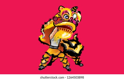 A Chinese lion raising it's head, in various colors and presented in splashing ink drawing style. Vector.