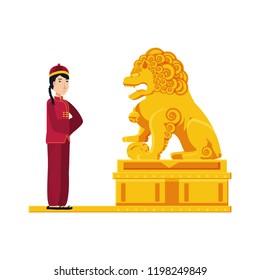 chinese lion statue in gold with man