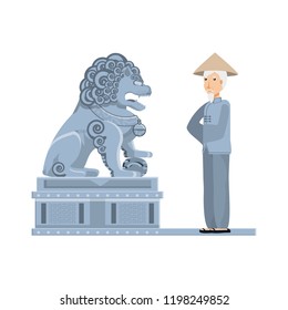 Chinese Lion Statue With Old Man Peasant