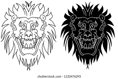 Chinese Lion traditional style.Lion face tattoo.Line art Chinese lion for tattoo.