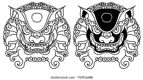 Chinese Lion traditional style.Lion face tattoo.Line art Chinese lion for tattoo.