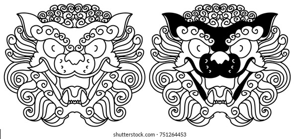 Chinese Lion traditional style.Lion face tattoo.Line art Chinese lion for tattoo.Lion statue design.