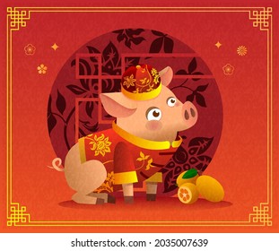 Chinese little pig cartoon character in traditional chinese red costume and red hat. Ripe orange tangerines. Vector illustration. Chinese background with traditional decorations. Zodiac of the Pig.