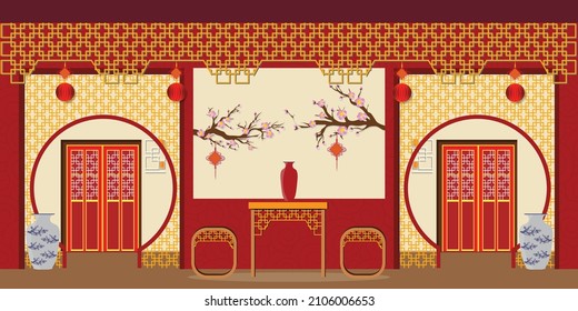 Chinese living room interior background with furniture in Chinese style vector illustration.
