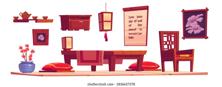 Chinese Living Room Interior With Wooden Table, Chair And Red Cushions. Vector Cartoon Set Of Furniture In China House, Lantern, Tray With Tea Pot And Cups Isolated On White Background