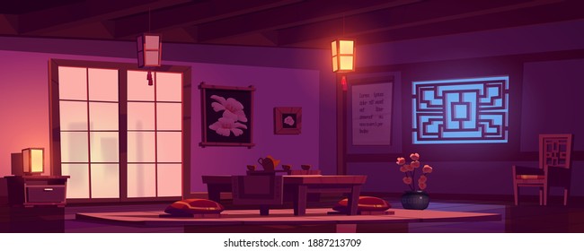 Chinese living room with wooden table, chair and red cushions at night. Vector cartoon interior of china house with glowing lanterns, tray with tea, flowers and mat on floor