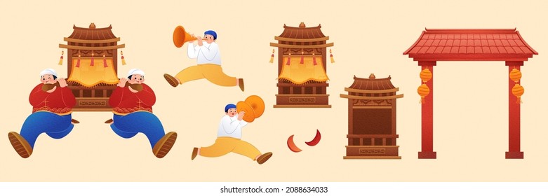 Chinese local folk religion activity elements isolated on beige background, including sedan chairs, young men playing instruments and temple gate