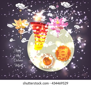 Chinese lotus lantern festival. Mid autumn full moon, cake and tea