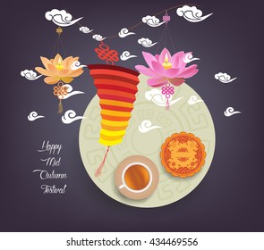 Chinese lotus lantern festival. Mid autumn full moon, cake and tea