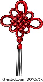 Chinese luck knot ZhoNg guo jie woven from red rope with a tassel at the bottom. Vector illustration