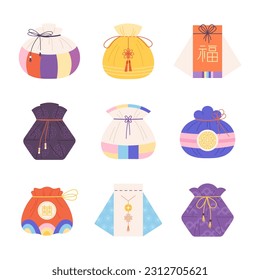 Chinese lucky bags. Art flat korean bag, gift or fortune symbols. Asian oriental tradition elements, fabric pockets. Holiday purses racy vector icons