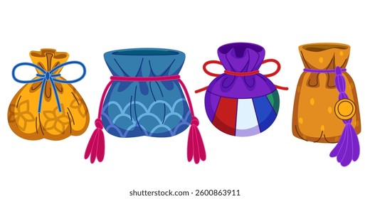 Chinese lucky bags set isolated on white background. Vector cartoon illustration of traditional asian sacks decorated with golden coin and color ropes, New Year festive symbol of wealth, money pocket