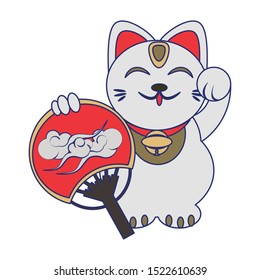 Chinese Lucky cat with hand fan icon over white background, vector illustration