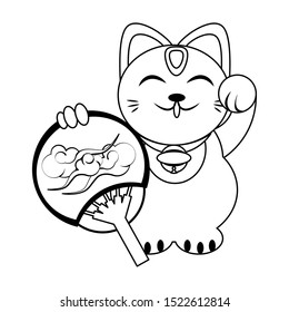 Chinese Lucky cat with hand fan icon over white background, vector illustration