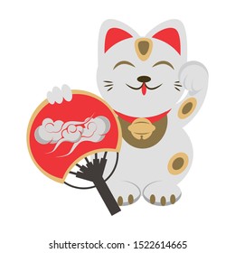 Chinese Lucky cat with hand fan icon over white background, vector illustration