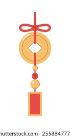 Chinese lucky coin hanging on a string and decorated with beads and a rectangular pendant. White background. Chinese New Year Element.