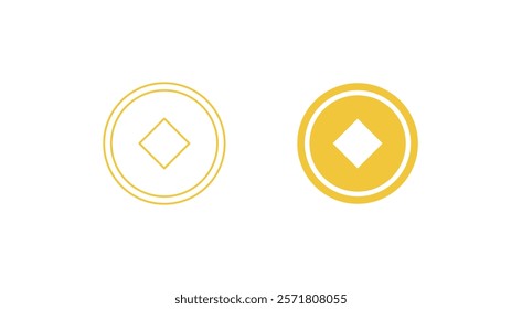 Chinese lucky coin. Linear and silhouette drawing. Cash. Coin with square hole. Icon, symbol. Vector.