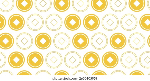 Moneda de la suerte china sin patrón. Dibujo de signos lineales y de silueta. Efectivo. Moneda con agujero cuadrado. Fondo, Fondo de pantalla con iconos y símbolos. Vector.	
