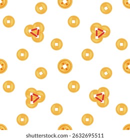 Patrón sin fisuras de monedas de la suerte chino. Fondo plano de Vector con monedas de oro chino para el Fondo de pantalla, envoltura, textil. Fondo simple sobre fondo blanco