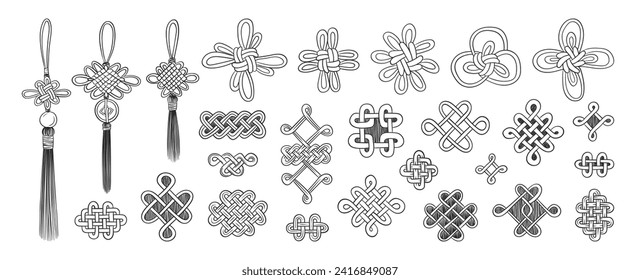 Chinesischer Glückspilz kennt Charme. Japanischer Knoten. Glücklicher Münzamulet. Asiatische Doodles. Japanische Tassel. Symbole der asiatischen Kultur. Chinesische Neujahrsdekoration.