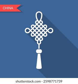 Chinese lucky knot with tassel. Lunar new year decoration. Red traditional Chinese ornament. Flat icon with long shadow. Vector Illustration