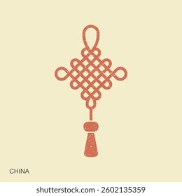 Chinese lucky knot with tassel. Lunar new year decoration. Red traditional Chinese ornament. Flat retro style icon. Vector Illustration