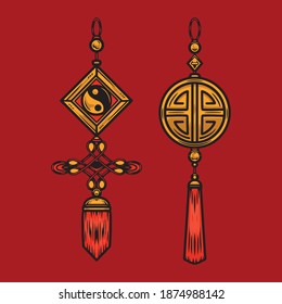 Chinese lucky pendants vintage concept with harmony prosperity and wellness symbols isolated vector illustration