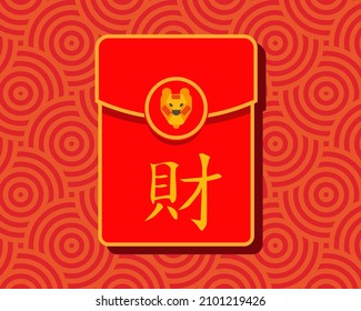 Chinese lucky red pocket and tiger face: Happy Chinese new year 2022 concept. (Translation: Wealth)