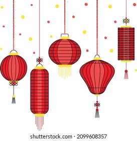 
Chinese luminous hanging lanterns. Decorative items for Chinese New Year, festivals or holiday background. Vector illustration in a flat style.