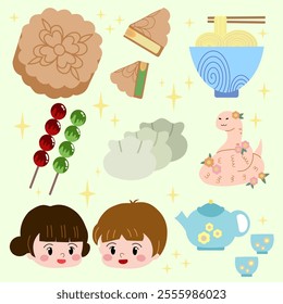 Chinese Luna year of snake icon doodle set, mooncake , tanghulo sweet desert with cute object hand drawn and food