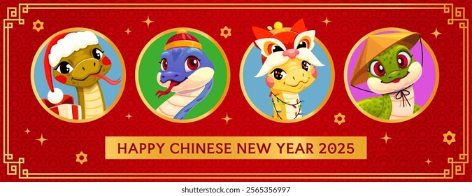 Chinese lunar new snake year banner. Vector Asian Cny 2025 holiday collage with reptile characters in festive attire including conical, Santa and lion dance hats, within round frames on red background