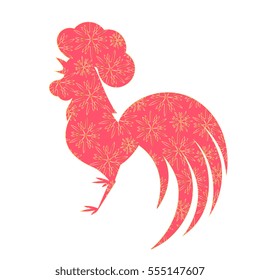 Chinese Lunar New Year 2017. Silhouette of of the cock with a floral ornament. Spring Festival. Red Rooster