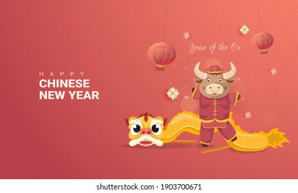 Chinese Lunar New Year 2021 year of the ox with liang liong or dragon dance illustration for greeting card concept