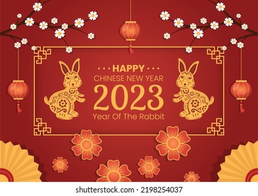 Chinese Lunar New Year 2023 Day of the Rabbit Zodiac Sign Template Hand Drawn Cartoon Flat Illustration with Flower, Lantern and Red Color Background