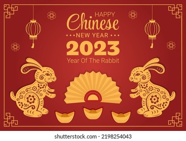 Chinese Lunar New Year 2023 Day of the Rabbit Zodiac Sign Template Hand Drawn Cartoon Flat Illustration with Flower, Lantern and Red Color Background