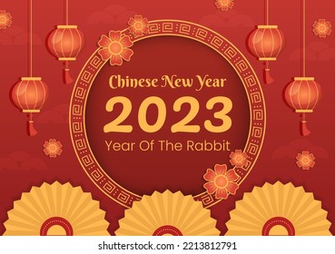 Chinese Lunar New Year 2023 Day of the Rabbit Zodiac Sign Template Hand Drawn Cartoon Flat Illustration with Flower, Lantern and Red Color Background