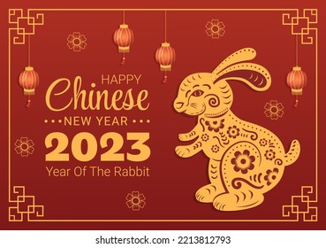 Chinese Lunar New Year 2023 Day of the Rabbit Zodiac Sign Template Hand Drawn Cartoon Flat Illustration with Flower, Lantern and Red Color Background