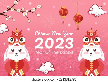 Chinese Lunar New Year 2023 Day of the Rabbit Zodiac Sign Template Hand Drawn Cartoon Flat Illustration with Flower, Lantern and Red Color Background