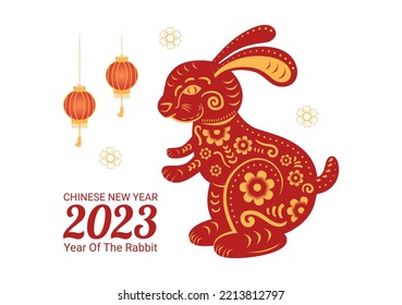 Chinese Lunar New Year 2023 Day of the Rabbit Zodiac Sign Template Hand Drawn Cartoon Flat Illustration with Flower, Lantern and Red Color Background